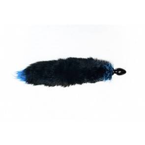 Анальная пробка с голубым лисьим хвостом черного цвета диам.32мм