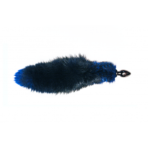 Анальная пробка с синим лисьим хвостом черного цвета диам.32мм