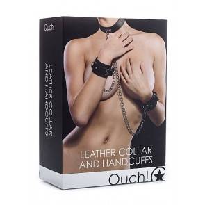 Комплект для бондажа Leather Collar and Handcuffs Black SH-OU100BLK