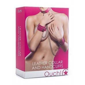 Комплект для бондажа Leather Collar and Handcuffs Pink SH-OU100PNK