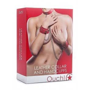 Комплект для бондажа Leather Collar and Handcuffs Red SH-OU100RED